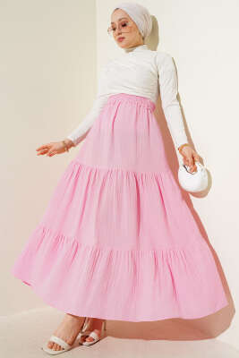 Bel Lastikli Kat Kat Müslin Etek Pembe - Uzun Etek
