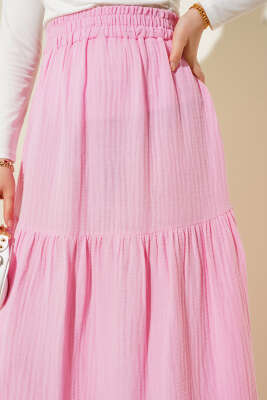 Bel Lastikli Kat Kat Müslin Etek Pembe - Uzun Etek