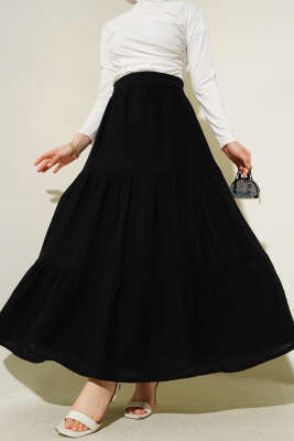 Bel Lastikli Kat Kat Müslin Etek Siyah 
