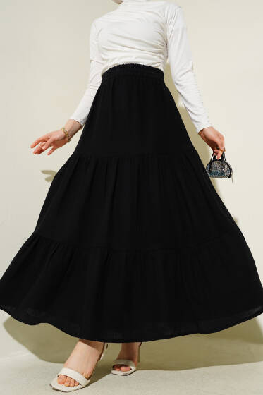 Bel Lastikli Kat Kat Müslin Etek Siyah - Uzun Etek