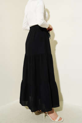Bel Lastikli Kat Kat Müslin Etek Siyah - Uzun Etek