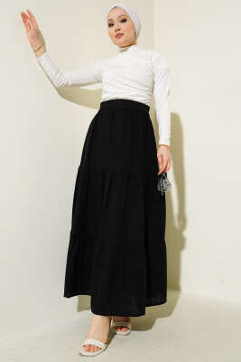 Bel Lastikli Kat Kat Müslin Etek Siyah - Uzun Etek