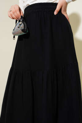 Bel Lastikli Kat Kat Müslin Etek Siyah - Uzun Etek