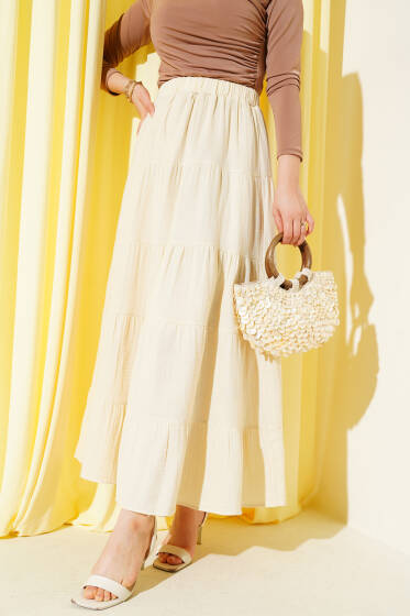 Bel Lastikli Kat Kloş Etek Bej - Etek