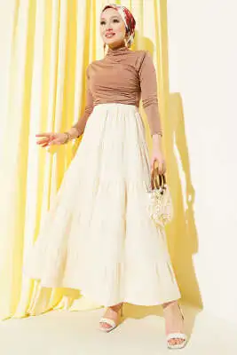 Bel Lastikli Kat Kloş Etek Bej - Uzun Etek