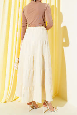 Bel Lastikli Kat Kloş Etek Bej - Uzun Etek