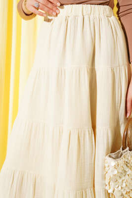 Bel Lastikli Kat Kloş Etek Bej - Uzun Etek