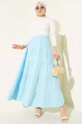 Bel Lastikli Kat Kloş Etek Buz Mavisi - Uzun Etek