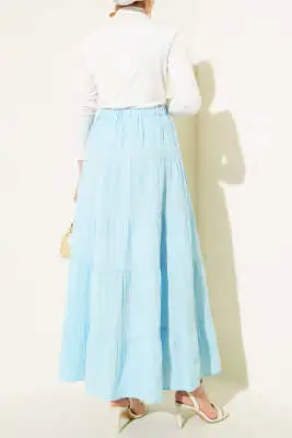 Bel Lastikli Kat Kloş Etek Buz Mavisi - Uzun Etek