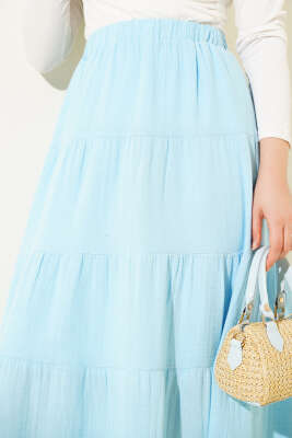 Bel Lastikli Kat Kloş Etek Buz Mavisi - Uzun Etek