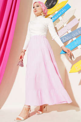 Bel Lastikli Kat Kloş Etek Pembe - Uzun Etek