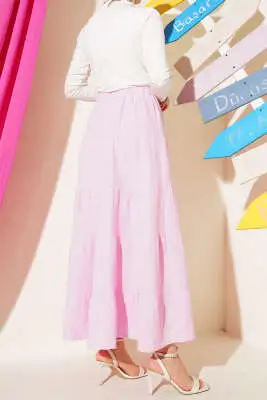 Bel Lastikli Kat Kloş Etek Pembe - Uzun Etek