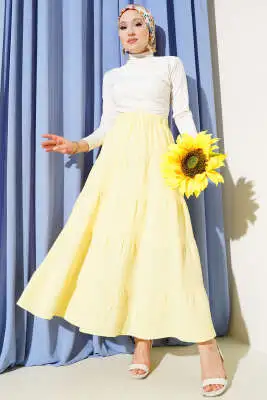 Bel Lastikli Kat Kloş Etek Sarı - Uzun Etek