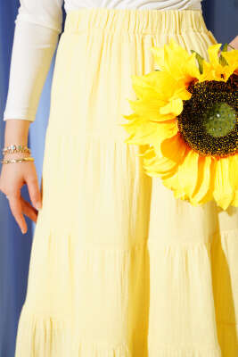 Bel Lastikli Kat Kloş Etek Sarı - Uzun Etek