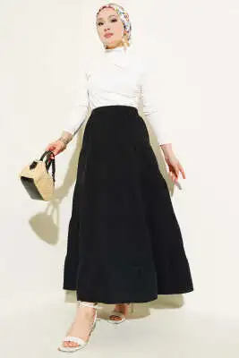 Bel Lastikli Kat Kloş Etek Siyah - Uzun Etek