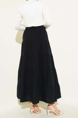 Bel Lastikli Kat Kloş Etek Siyah - Uzun Etek