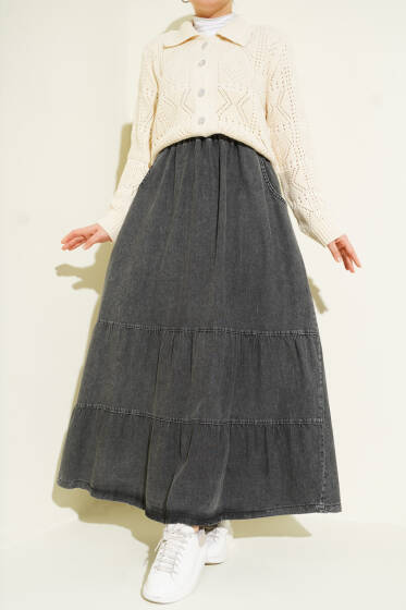 Bel Lastikli Katlı Kot Etek Füme - Etek