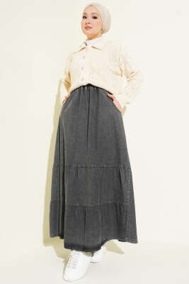 Bel Lastikli Katlı Kot Etek Füme - Etek