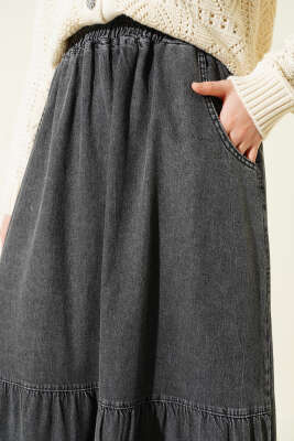 Bel Lastikli Katlı Kot Etek Füme - Etek