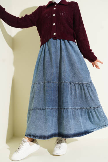 Bel Lastikli Katlı Kot Etek Kot Mavisi - Etek