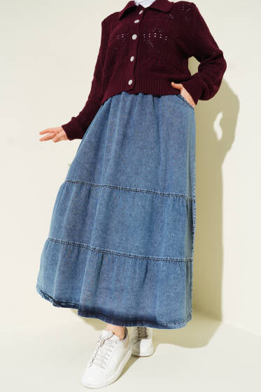 Bel Lastikli Katlı Kot Etek Mavi - Etek