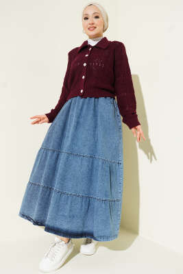 Bel Lastikli Katlı Kot Etek Mavi - Etek