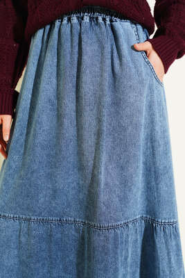 Bel Lastikli Katlı Kot Etek Mavi - Etek