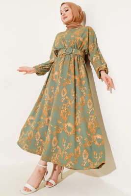 Bel Lastikli Kemerli Bürümcük Elbise Çağla Yeşili 