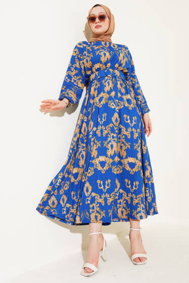 Bel Lastikli Kemerli Bürümcük Elbise İndigo - Elbise