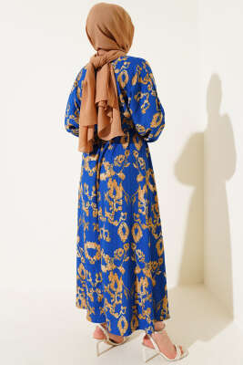 Bel Lastikli Kemerli Bürümcük Elbise İndigo - Tesettür Elbise