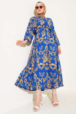 Bel Lastikli Kemerli Bürümcük Elbise İndigo 