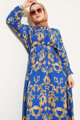 Bel Lastikli Kemerli Bürümcük Elbise İndigo - Tesettür Elbise