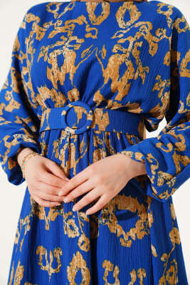 Bel Lastikli Kemerli Bürümcük Elbise İndigo - Tesettür Elbise