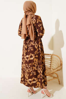 Bel Lastikli Kemerli Bürümcük Elbise Kahve - Tesettür Elbise