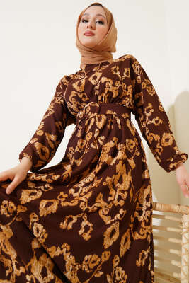 Bel Lastikli Kemerli Bürümcük Elbise Kahve - Tesettür Elbise
