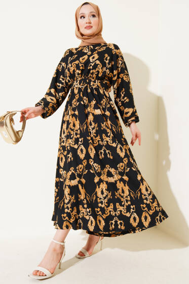 Bel Lastikli Kemerli Bürümcük Elbise Siyah - Elbise