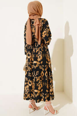 Bel Lastikli Kemerli Bürümcük Elbise Siyah - Tesettür Elbise