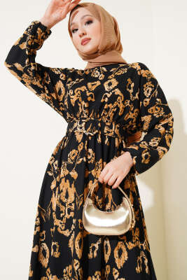 Bel Lastikli Kemerli Bürümcük Elbise Siyah - Tesettür Elbise