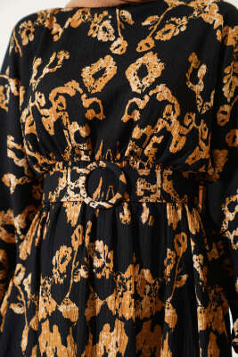 Bel Lastikli Kemerli Bürümcük Elbise Siyah - Tesettür Elbise