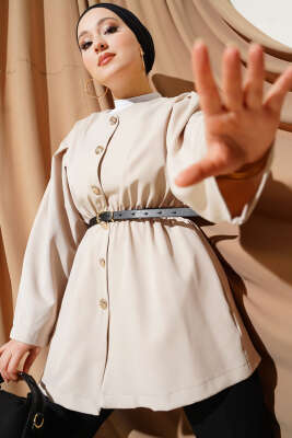 Bel Lastikli Kemerli Dabıl Ceket Bej - DUFON