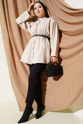 Bel Lastikli Kemerli Dabıl Ceket Bej - Ceket