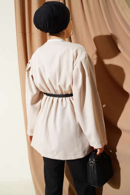 Bel Lastikli Kemerli Dabıl Ceket Bej - Ceket