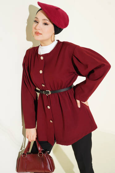 Bel Lastikli Kemerli Dabıl Ceket Bordo - Ceket