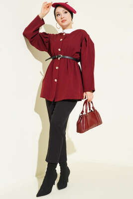 Bel Lastikli Kemerli Dabıl Ceket Bordo - Ceket