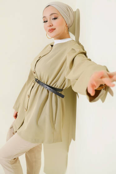 Bel Lastikli Kemerli Dabıl Ceket Çağla Yeşili - Ceket