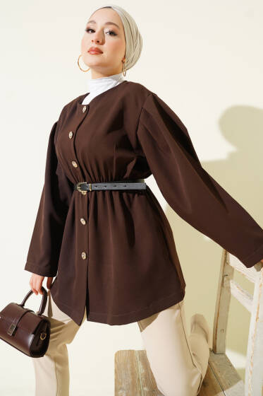 Bel Lastikli Kemerli Dabıl Ceket Kahve - Ceket