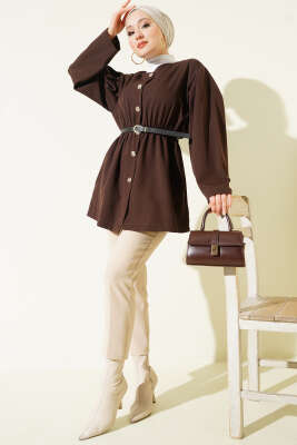 Bel Lastikli Kemerli Dabıl Ceket Kahve - Ceket