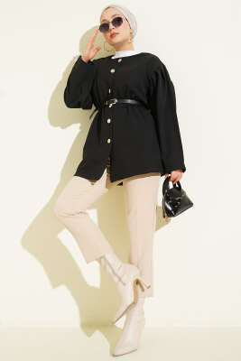 Bel Lastikli Kemerli Dabıl Ceket Siyah - Ceket