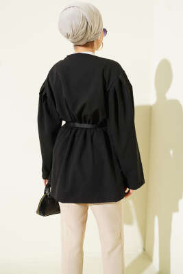 Bel Lastikli Kemerli Dabıl Ceket Siyah - Ceket