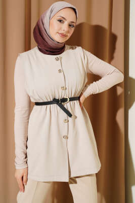 Bel Lastikli Kemerli Dabıl Yelek Bej - DUFON